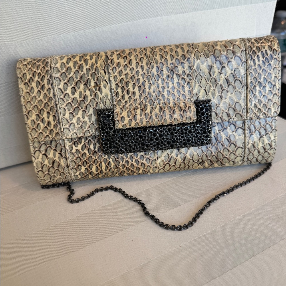 Judith Leiber Snakeskin Clutch with Black Accent